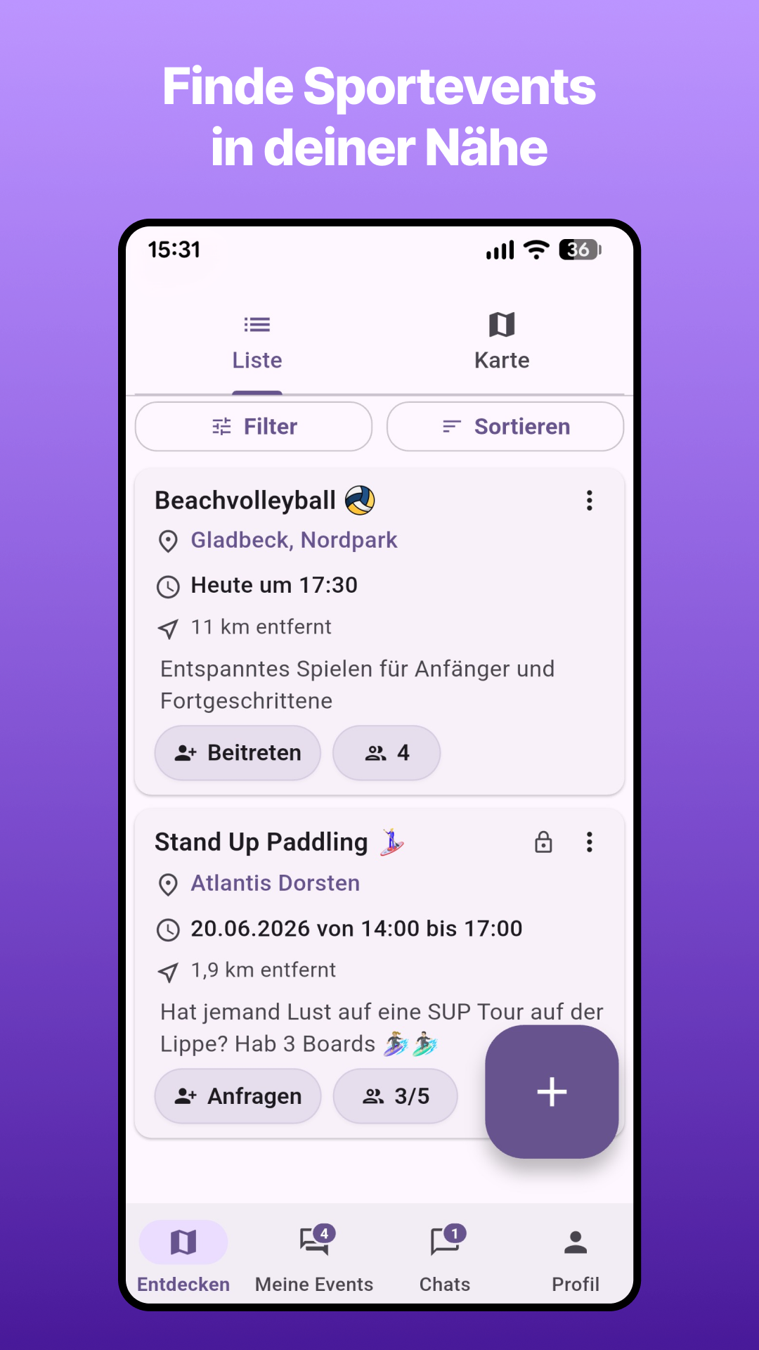 Eventliste mit Filter- und Sortierfunktion