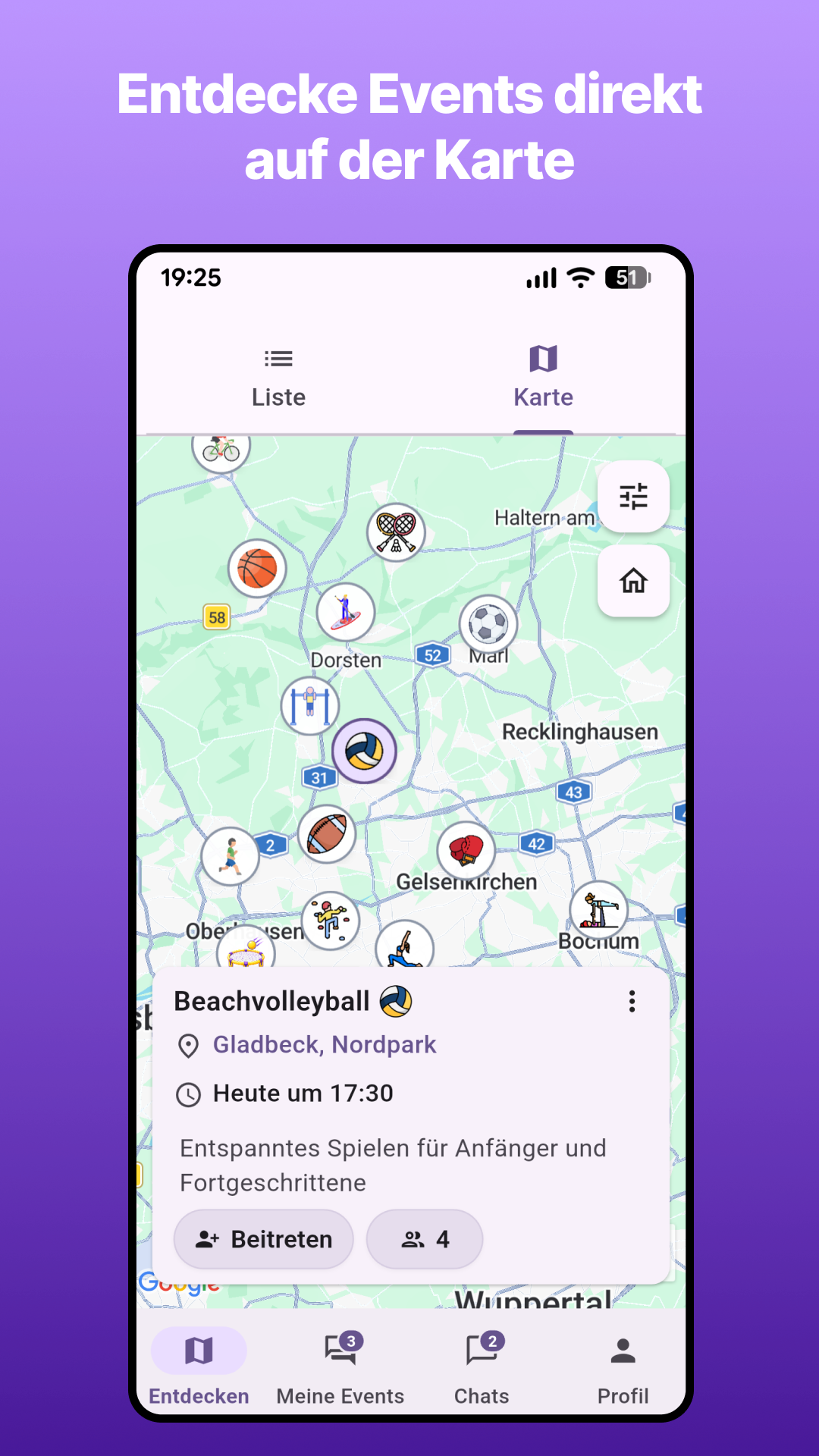 Kartenansicht mit Sportevents in der Nähe