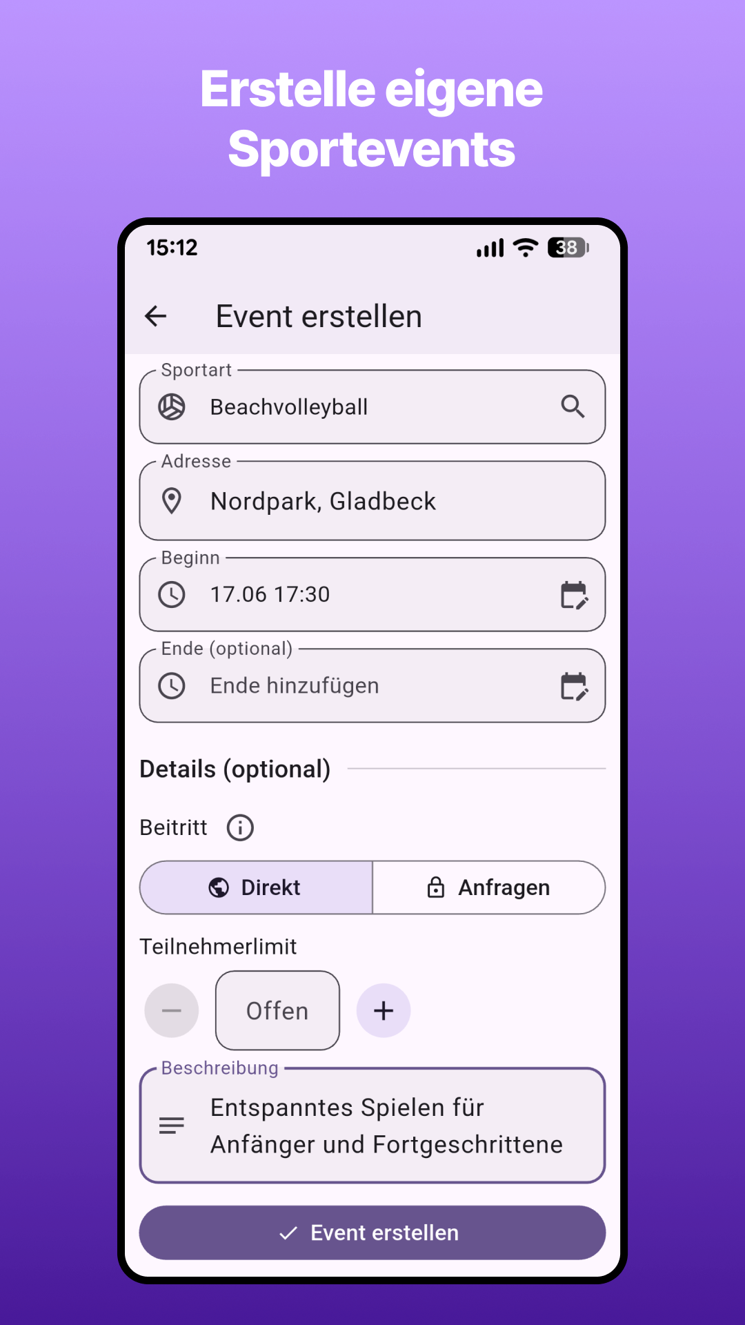 Formular zum Erstellen eines eigenen Sportevents