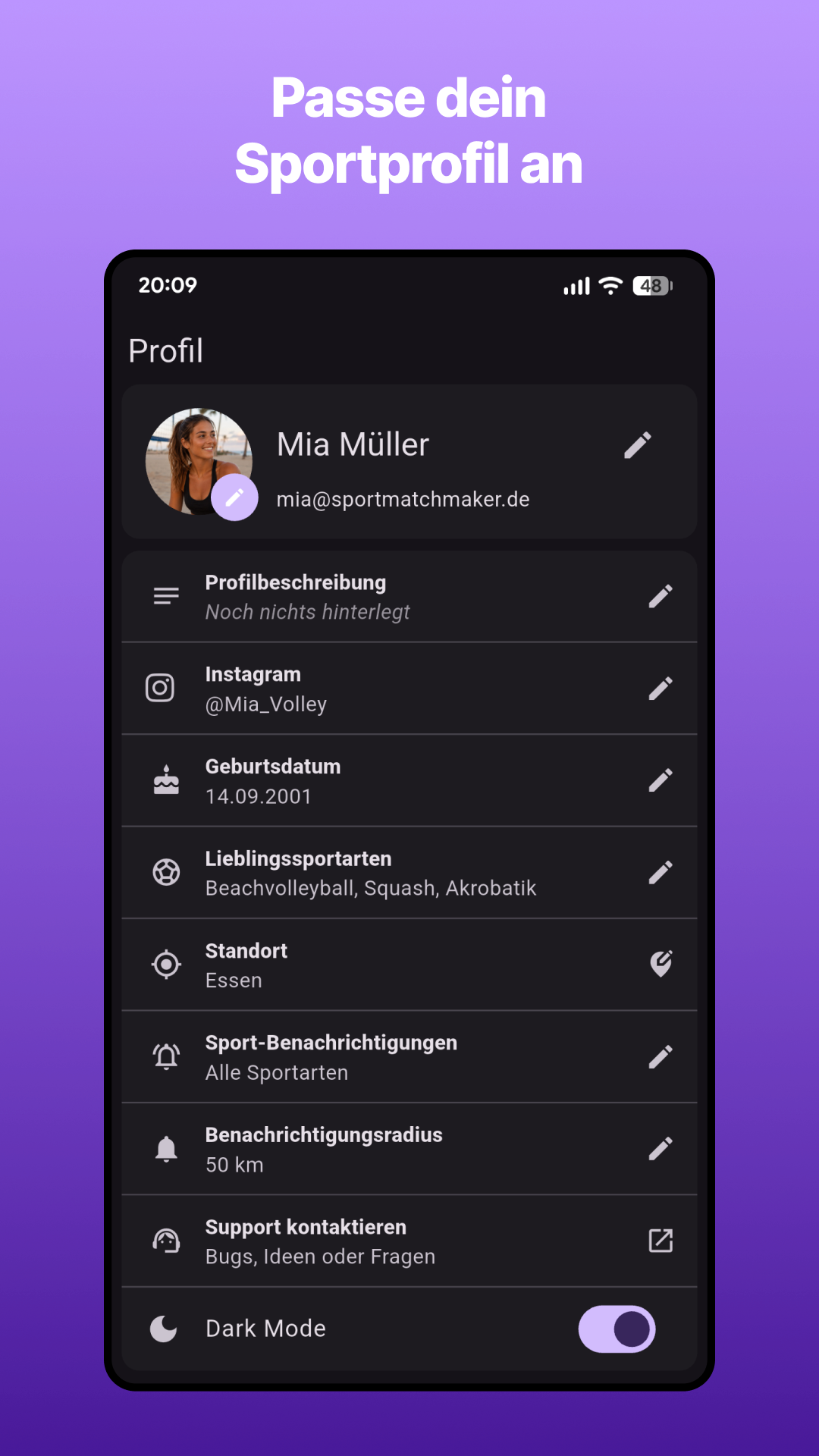 Sportprofil mit Lieblingssportarten und Benachrichtigungen